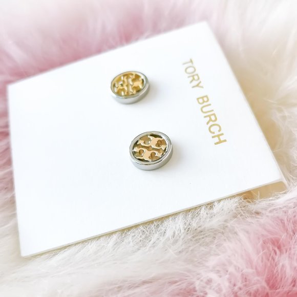 Tory Burch Gold Silver Mixed Miller Stud Earrings - Picture 2 of 3